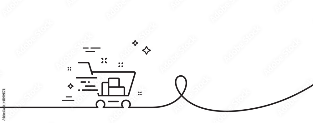 Shopping cart line icon. Continuous one line with curl. Express order sign. Fast buying symbol. Shopping cart single outline ribbon. Loop curve pattern. Vector Shopping cart line icon. Continuous one line with curl. Express order sign. Fast buying symbol. Shopping cart single outline ribbon. Loop curve pattern. Vector