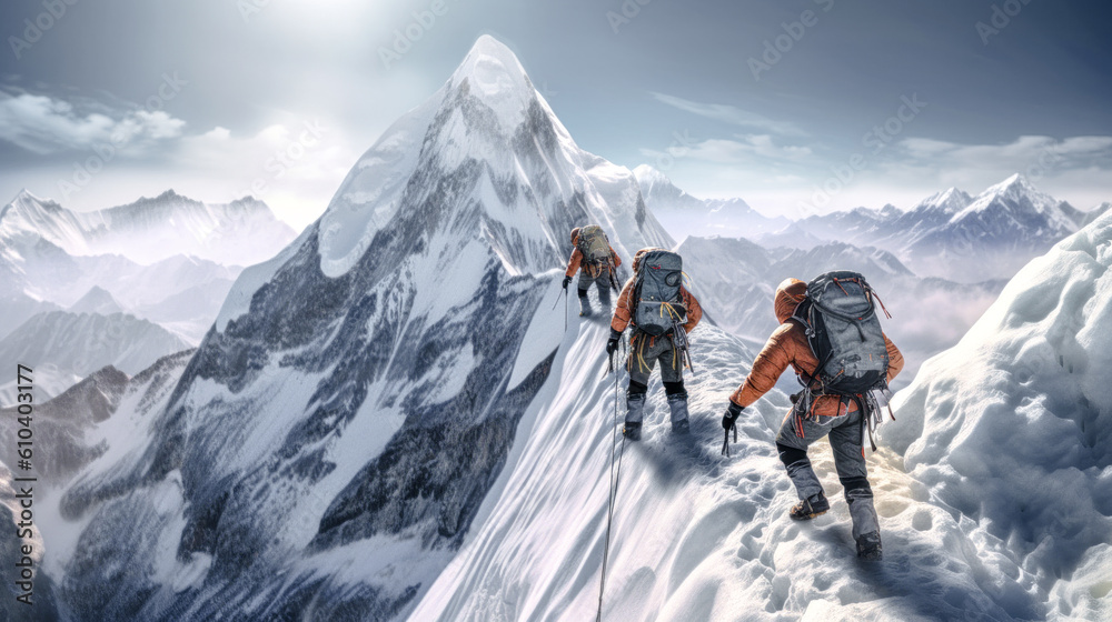 Illustration of Mountaineering Expedition in the High Mountains over Five Thousand Metres Generative AI Digital Art Background Wallpaper