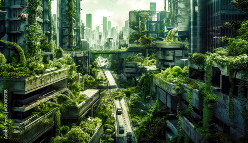 a city and with leafy trees and plants, postapocalytic, generative ai © VicenSanh
