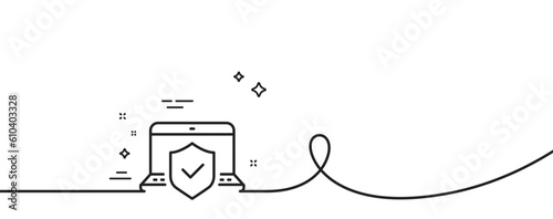 Laptop insurance hand line icon. Continuous one line with curl. Risk coverage sign. Notebook protection symbol. Laptop insurance single outline ribbon. Loop curve pattern. Vector