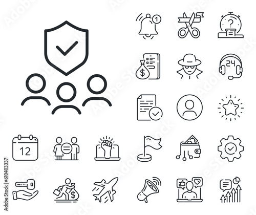 Health coverage sign. Salaryman, gender equality and alert bell outline icons. People insurance line icon. Life protection policy symbol. People insurance line sign. Vector