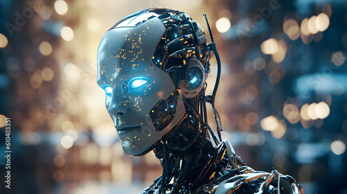 Futuristic robot portrait created with Generative AI technology.