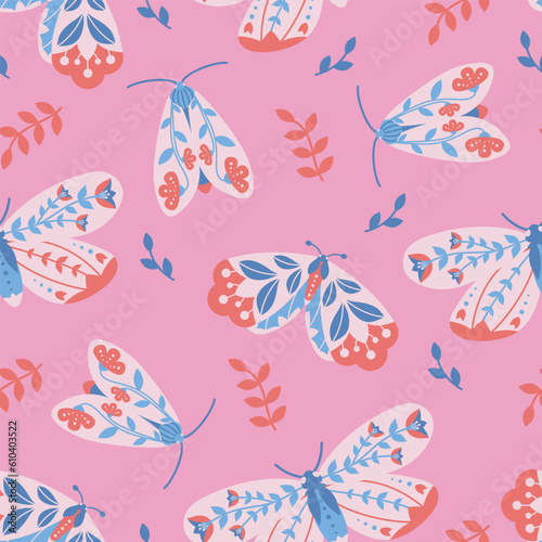 Abstract seamless pattern with butterflies (moths). Vector folk art with insects and leaves on a pink background. For fabric, t-shirt print, wallpaper, packaging