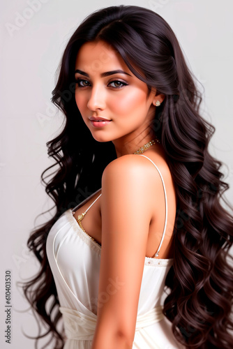 Arabic brunette girl with long and shiny wavy hair. Beautiful model with curly hairstyle. Generative AI.