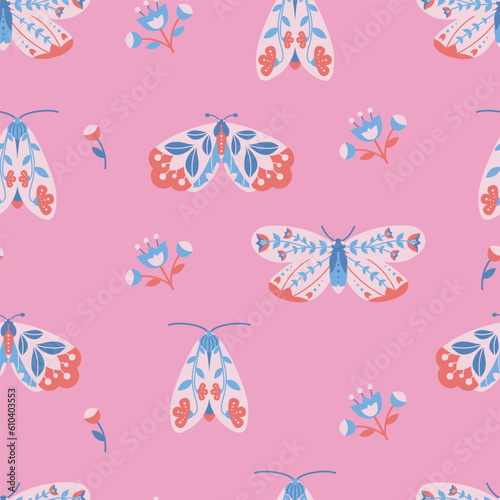 Seamless pattern with butterflies (moths). Vector folk art with insects and flowers on a pink background. For fabric, t-shirt print, wallpaper, packaging