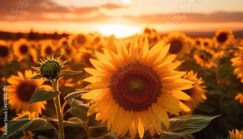 Nature's golden canvas: a sunflower field bathed in the evening glow