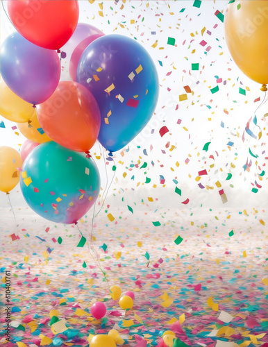 generative ai of  happy birthday with balloons and confetti floating around. Birthday celebration background. Anniversary.