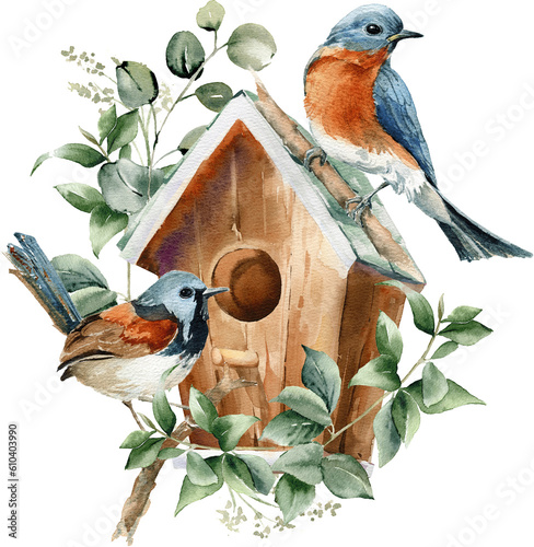 Photographie Watercolor birdhouse illustration