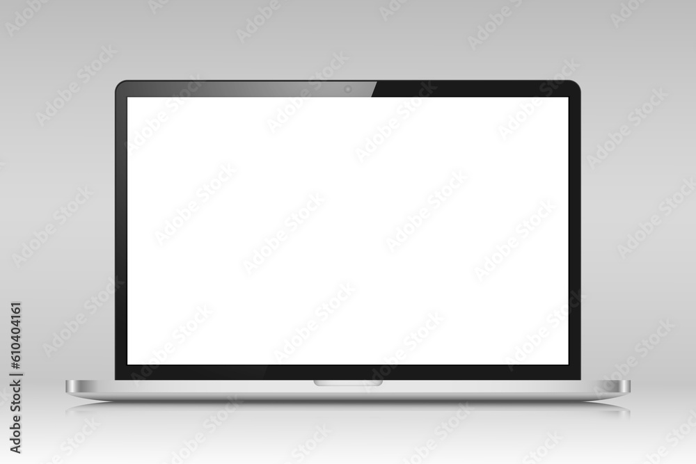 Realistic laptop layout with reflection on a gray gradient background. A laptop with a silver case and a white screen. Vector illustration. Realistic laptop layout with reflection on a gray gradient background. A laptop with a silver case and a white screen. Vector illustration.