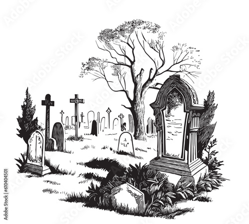 Old retro cemetery hand drawn sketch illustration