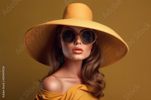 Portrait of a beautiful woman in glasses and a wide-brimmed hat. Studio photography. Generative AI © ЮРИЙ ПОЗДНИКОВ