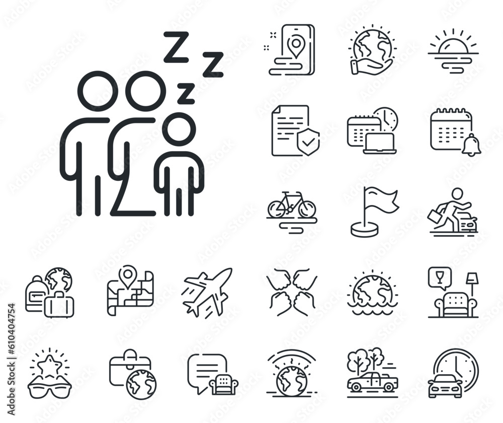 Family night sign. Plane jet, travel map and baggage claim outline icons. Sleep line icon. Sleeping people symbol. Sleep line sign. Car rental, taxi transport icon. Place location. Vector