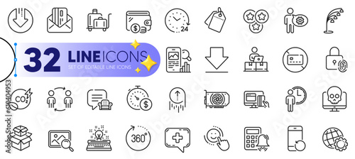 Outline set of Workflow, No card and Typewriter line icons for web with 24 hours, Luggage trolley, Sale tags thin icon. Online payment, Last minute, 360 degrees pictogram icon. Stars. Vector
