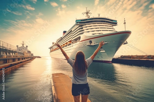Photo cruise liner reaching a port and woman waiting for it eagerly