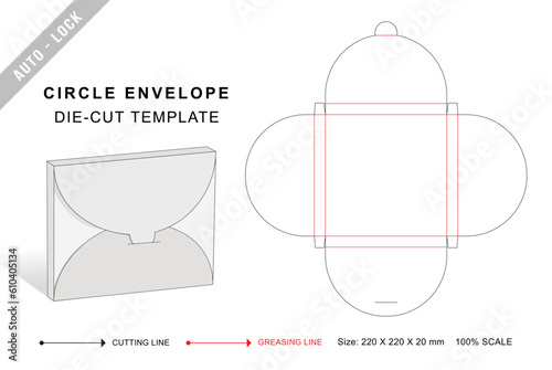 Circle shape envelope die cut template with 3D blank vector mockup