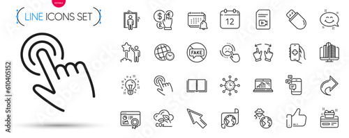 Pack of Seo certificate, Annual calendar and Usb stick line icons. Include Video file, Book, Notification pictogram icons. Health app, Loyalty card, Star signs. Elevator, Like, Communication. Vector