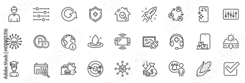 Icons pack as Food delivery, Online storage and Reload line icons for app include Filter, Corn, Teamwork outline thin icon web set. Smartphone clean, Deflation, Game console pictogram. Vector