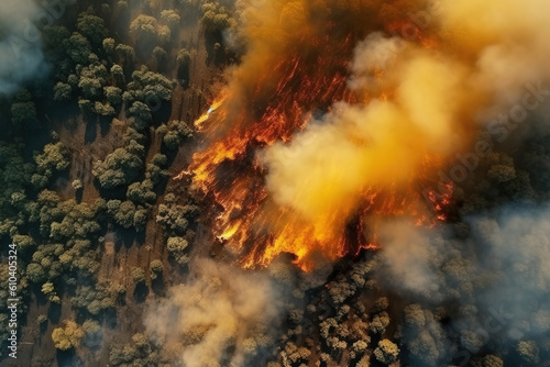 Papier peint Aerial shot of a forest fire with intense flames and smoke.