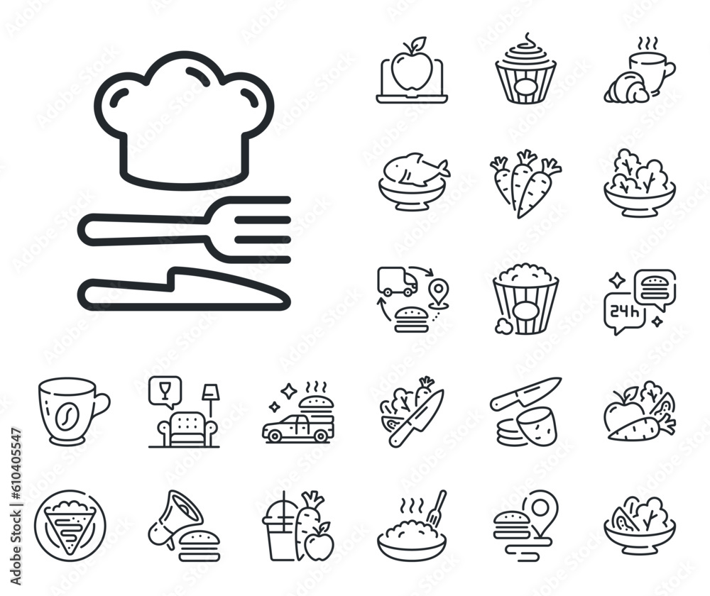 Cooking chef sign. Crepe, sweet popcorn and salad outline icons. Food line icon. Fork, knife symbol. Food line sign. Pasta spaghetti, fresh juice icon. Supply chain. Vector Cooking chef sign. Crepe, sweet popcorn and salad outline icons. Food line icon. Fork, knife symbol. Food line sign. Pasta spaghetti, fresh juice icon. Supply chain. Vector