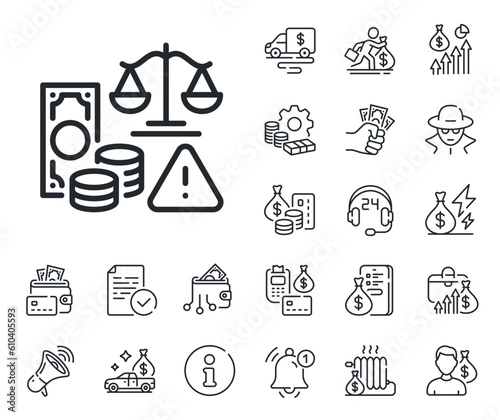 Money or financial crime sign. Cash money, loan and mortgage outline icons. Fraud line icon. Tax offense symbol. Fraud line sign. Credit card, crypto wallet icon. Inflation, job salary. Vector