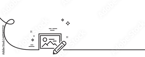 Photo edit line icon. Continuous one line with curl. Image thumbnail with pencil sign. Picture placeholder symbol. Photo edit single outline ribbon. Loop curve pattern. Vector