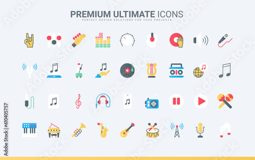 Acoustic instruments, notes and musical digital technology symbols, interface menu buttons and volume control pictogram, microphone and headphone. Music trendy flat icons set vector illustration