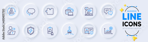 Puzzle, Power safety and Chemistry experiment line icons for web app. Pack of Video conference, Talk bubble, Employees messenger pictogram icons. Technical algorithm, 5g statistics. Vector