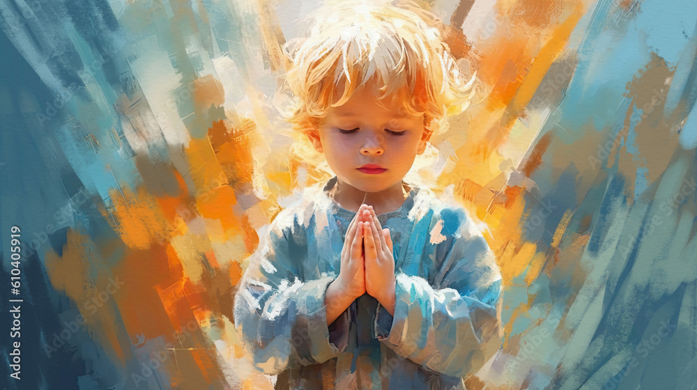 Little boy praying to God with hands held together, generative ai Stock ...