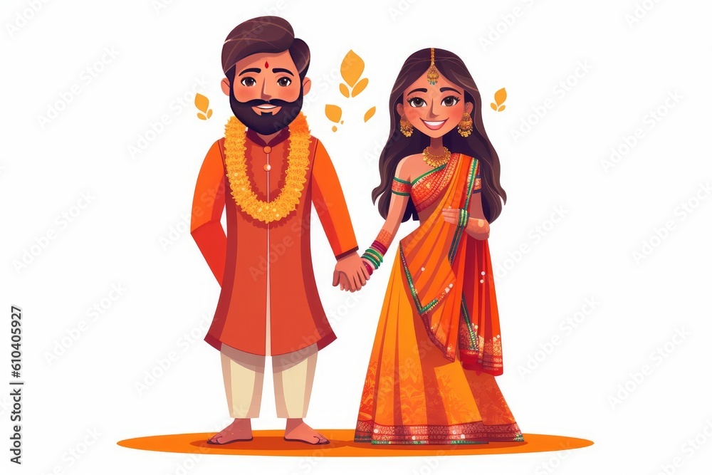 A beautiful depiction of an Indian couple in a traditional marriage illustration