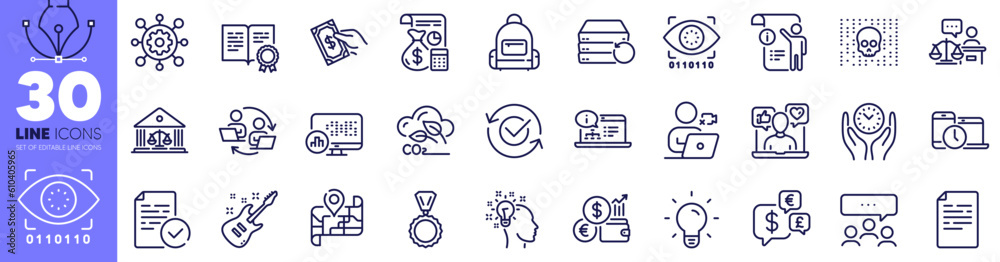 Light bulb, Electric guitar and Framework line icons pack. Idea, Money currency, Artificial intelligence web icon. Court judge, Map, Report statistics pictogram. Safe time, Manual doc. Vector Light bulb, Electric guitar and Framework line icons pack. Idea, Money currency, Artificial intelligence web icon. Court judge, Map, Report statistics pictogram. Safe time, Manual doc. Vector