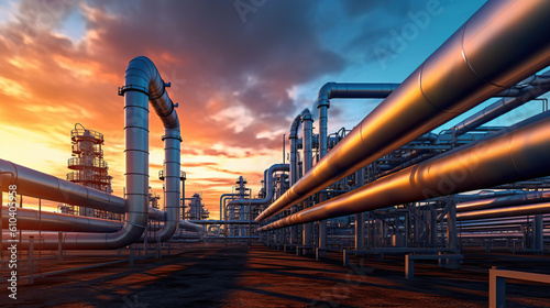 Fotografia Pipeline and pipe rack of petroleum industrial plant with sunset sky background