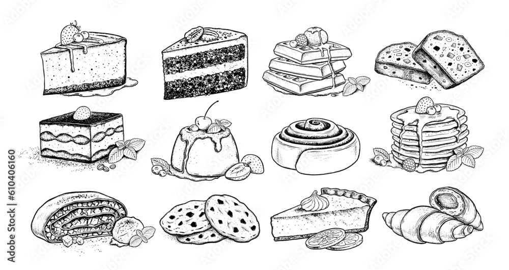 Vector sketchy illustrations set of desserts and sweet food