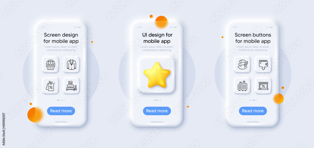 Furniture, Wallet and Suit line icons pack. 3d phone mockups with star. Glass smartphone screen. Baggage, Market, Online shopping web icon. Pillow, Discount tags pictogram. Vector Furniture, Wallet and Suit line icons pack. 3d phone mockups with star. Glass smartphone screen. Baggage, Market, Online shopping web icon. Pillow, Discount tags pictogram. Vector