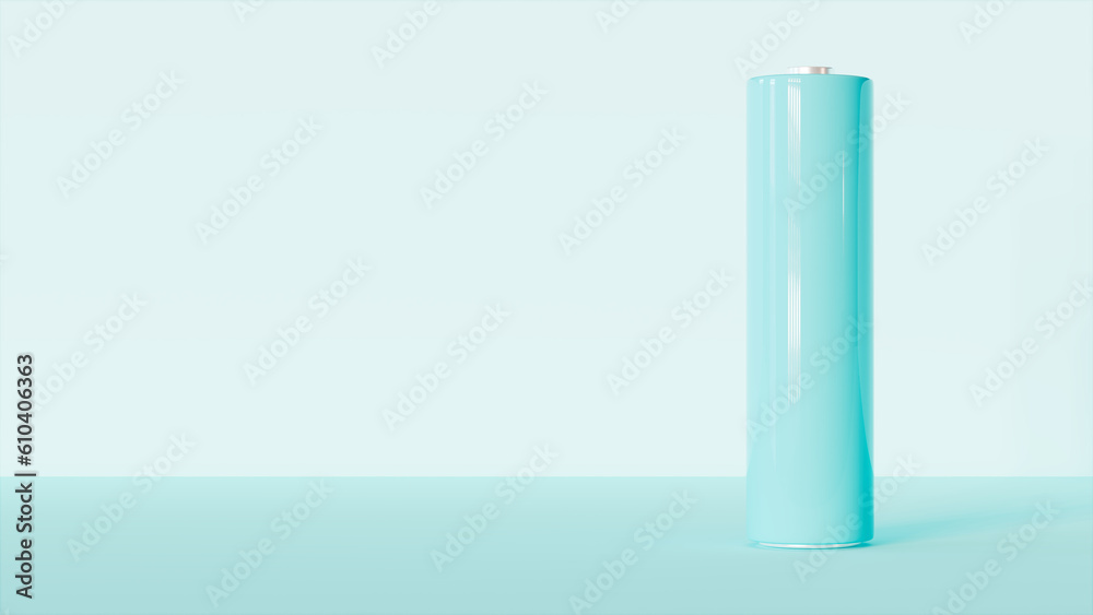 3d rendering of Double A Battery of blue color on blue stage, energy theme 3d rendering of Double A Battery of blue color on blue stage, energy theme