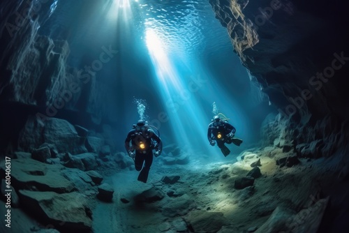 Scuba divers at the bottom of underwater cave while a ray of light falling from behind