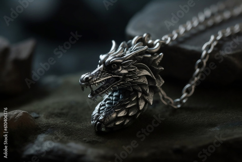 Silver chinese dragon talisman, amulet magic precious necklace, protective pendant jewellery on black background. Stainless steel. Generative AI Technology