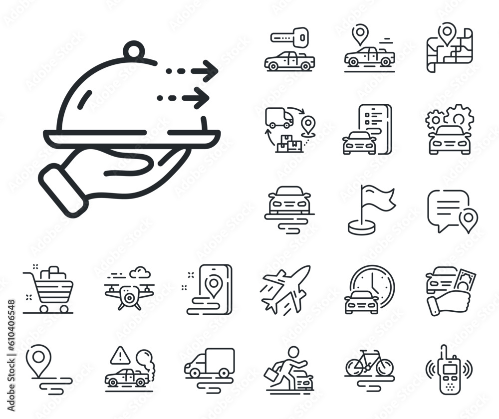 Restaurant order sign. Plane, supply chain and place location outline icons. Food delivery line icon. Catering service symbol. Food delivery line sign. Taxi transport, rent a bike icon. Vector