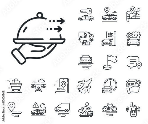 Restaurant order sign. Plane, supply chain and place location outline icons. Food delivery line icon. Catering service symbol. Food delivery line sign. Taxi transport, rent a bike icon. Vector