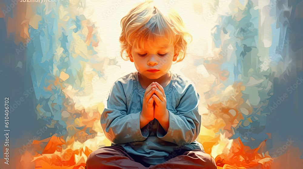Little boy praying to God with hands held together, generative ai Stock ...