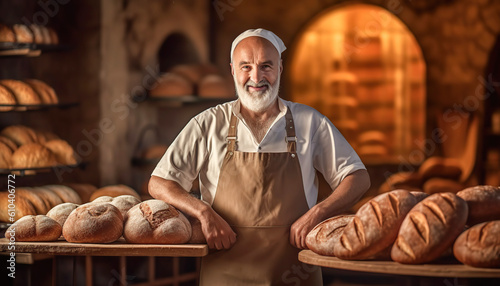 Baker behind some baskets of bread and croissants, freshly baked in the bakery. Generative IA
