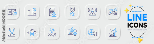 Brand, Business idea and Vip certificate line icons for web app. Pack of Instruction manual, Lawyer, Winner medal pictogram icons. Stats, Decreasing graph, File storage signs. Music book. Vector