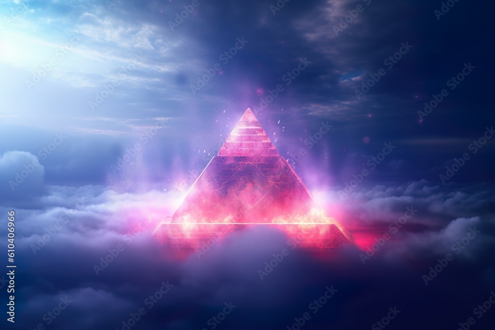 A pyramid floating in the clouds with a beam of light shining out from the top, AI generated