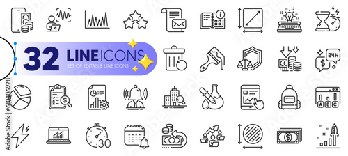 Outline set of Hourglass timer, Backpack and Report line icons for web with Chemistry experiment, Deflation, Timer thin icon. Voice wave, Accounting report, Line graph pictogram icon. Vector