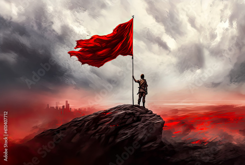a figure standing on top of a mountain and holding a big red flag, generative ai