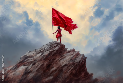 a figure standing on top of a mountain and holding a big red flag, generative ai