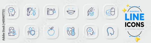 Cough, Hypoallergenic tested and Head line icons for web app. Pack of Apple, Blood donation, Improving safety pictogram icons. Lips, Moisturizing cream, Fever signs. Mental health. Vector