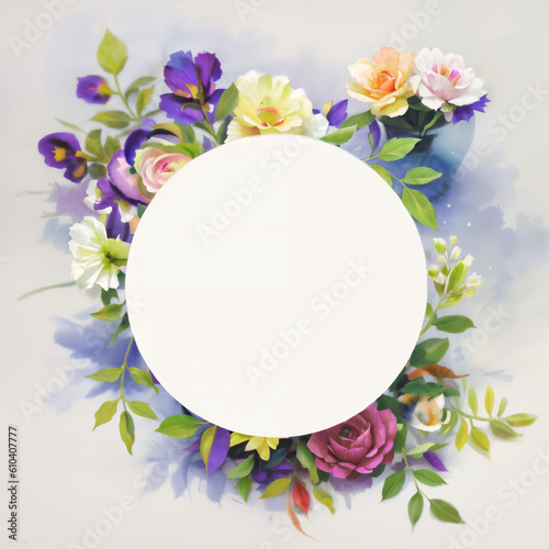 Watercolor illustration of flower wreath, frame, Floral arrangment graphic for wedding invitations, card, logo design. Generative AI.