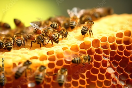 A family of bees collects honey in honeycombs. Generative AI © ЮРИЙ ПОЗДНИКОВ
