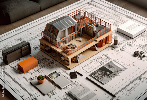 home building plan on a desktop blueprint, generative ai