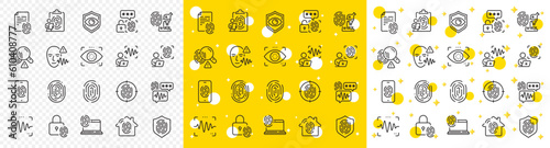 Fingerprint access, Eye biometric and Voice recognition. Biometric line icons. Detect identity, Check finger access and Scan eye or voice icons. Identify user by fingerprint, secure id. Vector